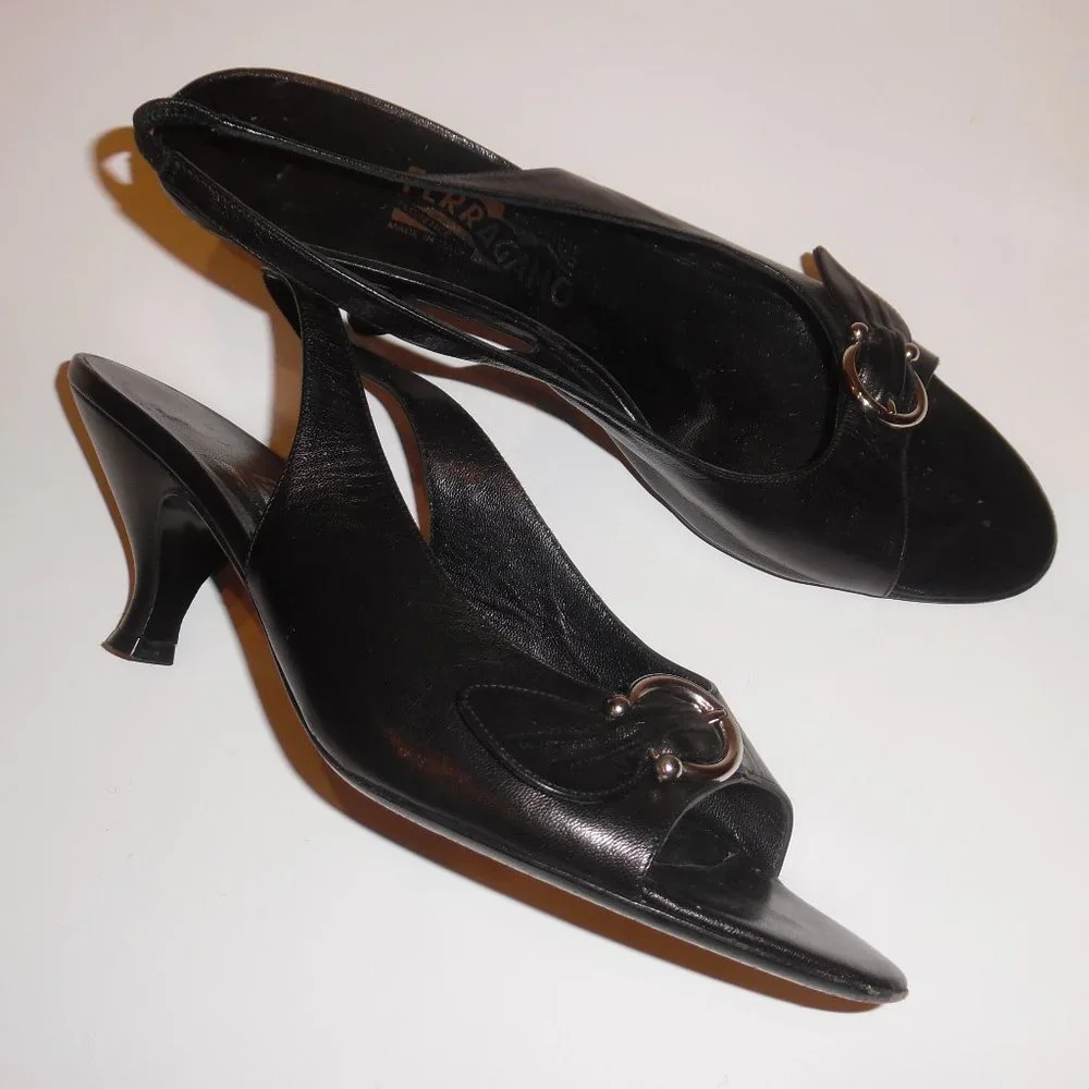 Salvatore Ferragamo Black Leather Kitten Heels Buckle Gancini  Sandals Shoes - Picture 3 of 15